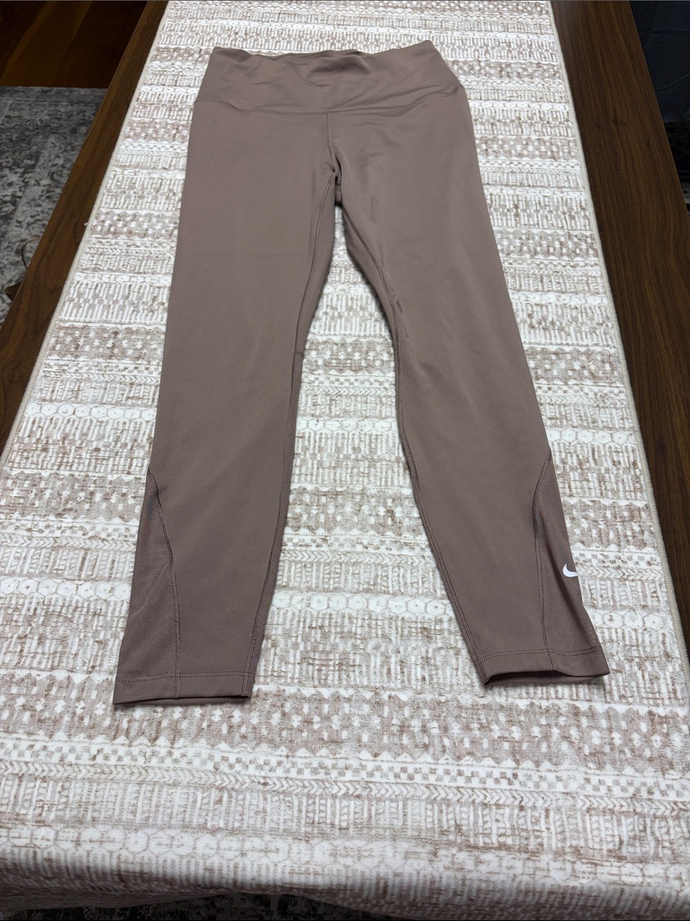 Nike Women's 7/8 Taupe Athletic Leggings with White Swoosh Mesh Bottom